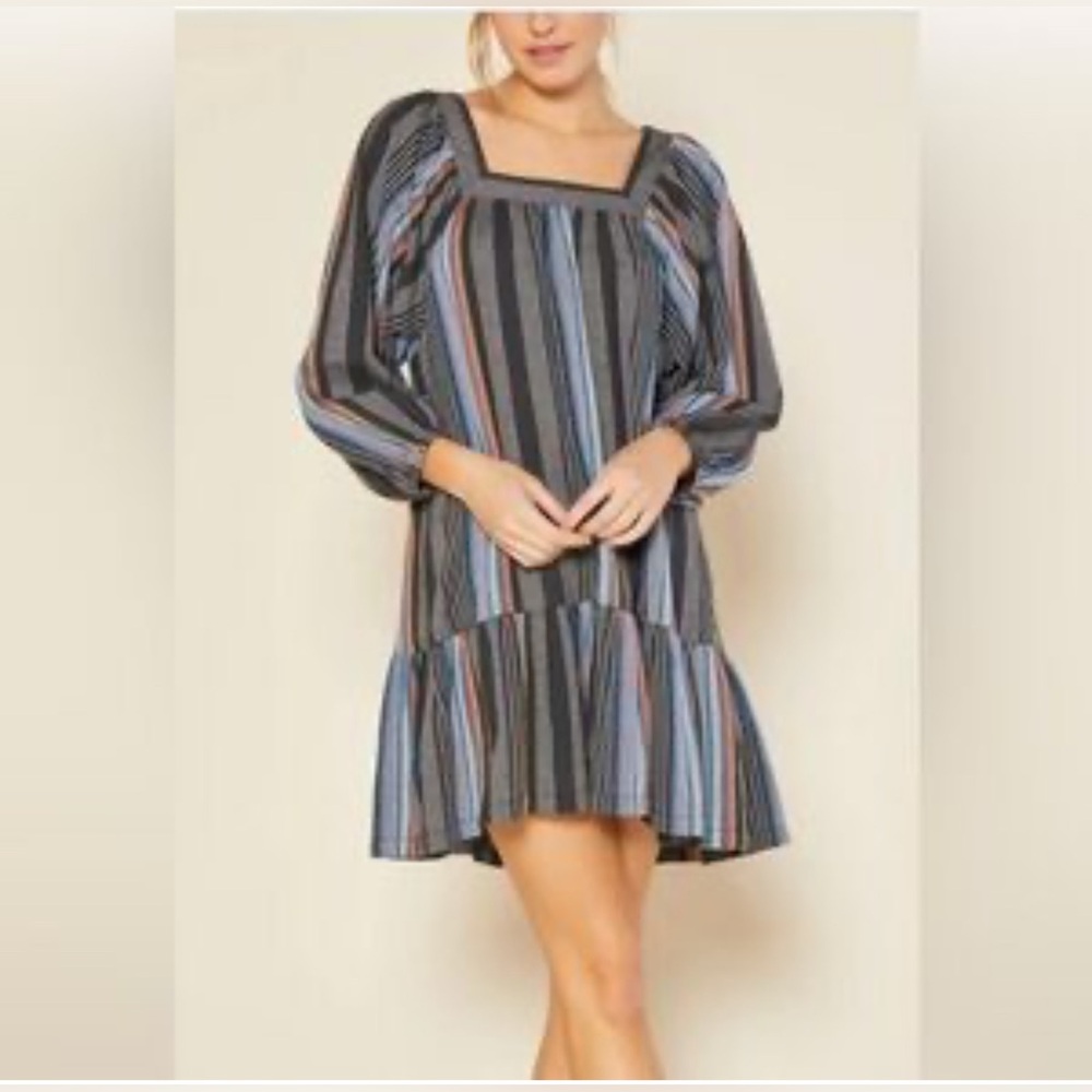 Outerknown Square Neck Dark Striped Elbow Length Sleeve Boho Dress Medium NWT